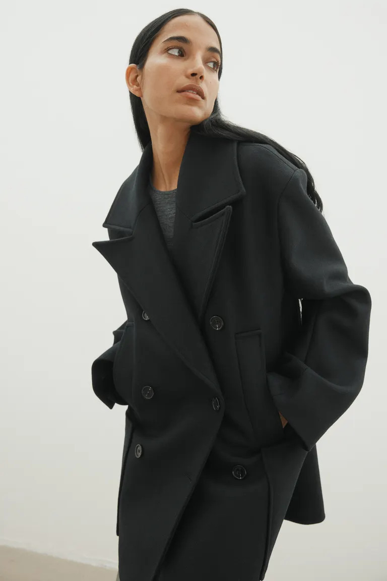 Oversized wool-blend pea coat - Navy blue - Ladies | H&M GB | H&M (UK, MY, IN, SG, PH, TW, HK)