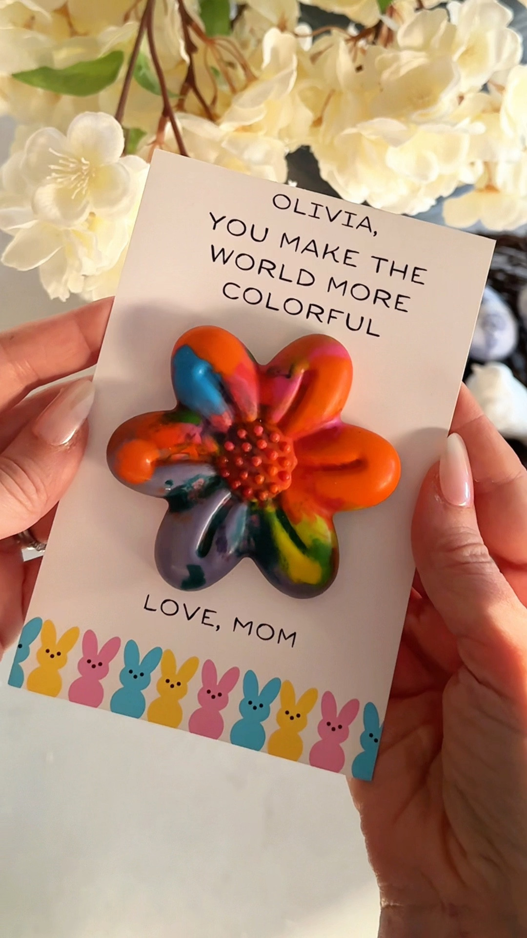 The easiest upcycle ♻️  You can add these to your kid’s Easter basket or make with them for fun.
Directions:
1. Soak broken crayons in hot tap water for about 5-10 minutes. Meanwhile, preheat oven to 275-300 F.
2. Peel off wrappers (they should peel off easily)
3. Place mold on cookie sheet and fill up with crayons. You can mix colors or use the same tone. Have fun with it!
4. Place cookie sheet / mold in a low temp oven. 
5. Bake crayons in a preheated oven for 7–15 minutes using silicone molds or a muffin tin with liners.
6. Let cool and remove from molds.
7. To make a card, print off a design on cardstock or photo paper. Attach crayon to the card using a glue dot. 

Everything I used is linked 🖍️🌈 🌺