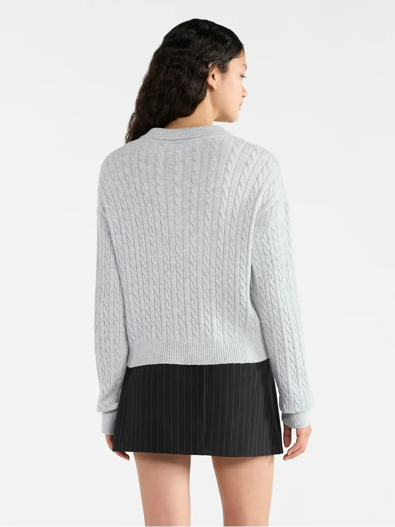 No Boundaries Cable Knit Collared Pullover, Women's | Walmart (US)