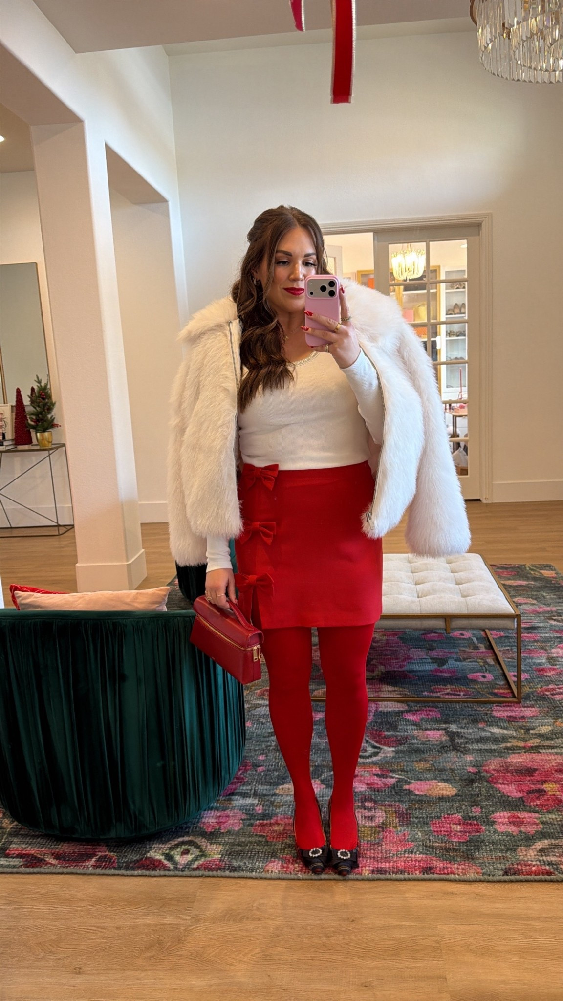 curvy midsize Christmas eve festive holiday look! wearing size large in embellished white top and size large in red bow mini skirt! 

#LTKSeasonal #LTKMidsize #LTKHoliday