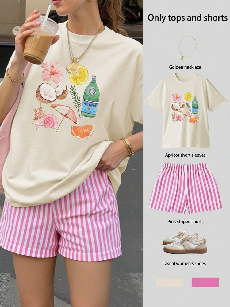 Floral & Coconut Print Women Loose Short Sleeve T-Shirt And Striped Shorts Set, Suitable For Beach Vacation, Spring Festival, Chinese New Year, Year Of The Horse, Valentine's Day, Etc. | SHEIN