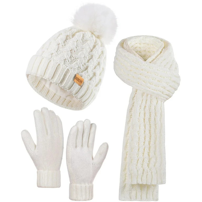 REDESS Winter Women's Beanie Hat Scarf Gloves Set, Fleece Lined Winter Hat with Pom Pom,White | Walmart (US)