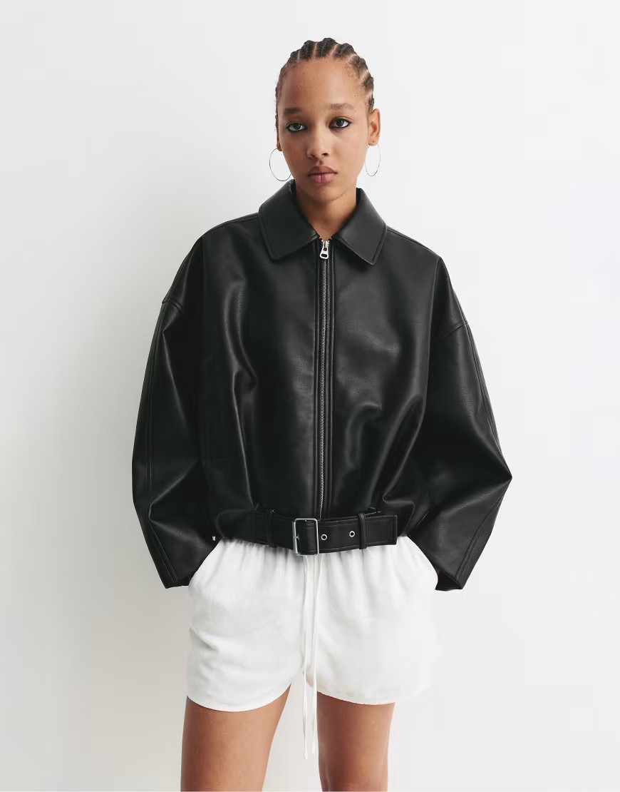 Pull&Bear Leather effect balloon bomber jacket in black | ASOS (Global)