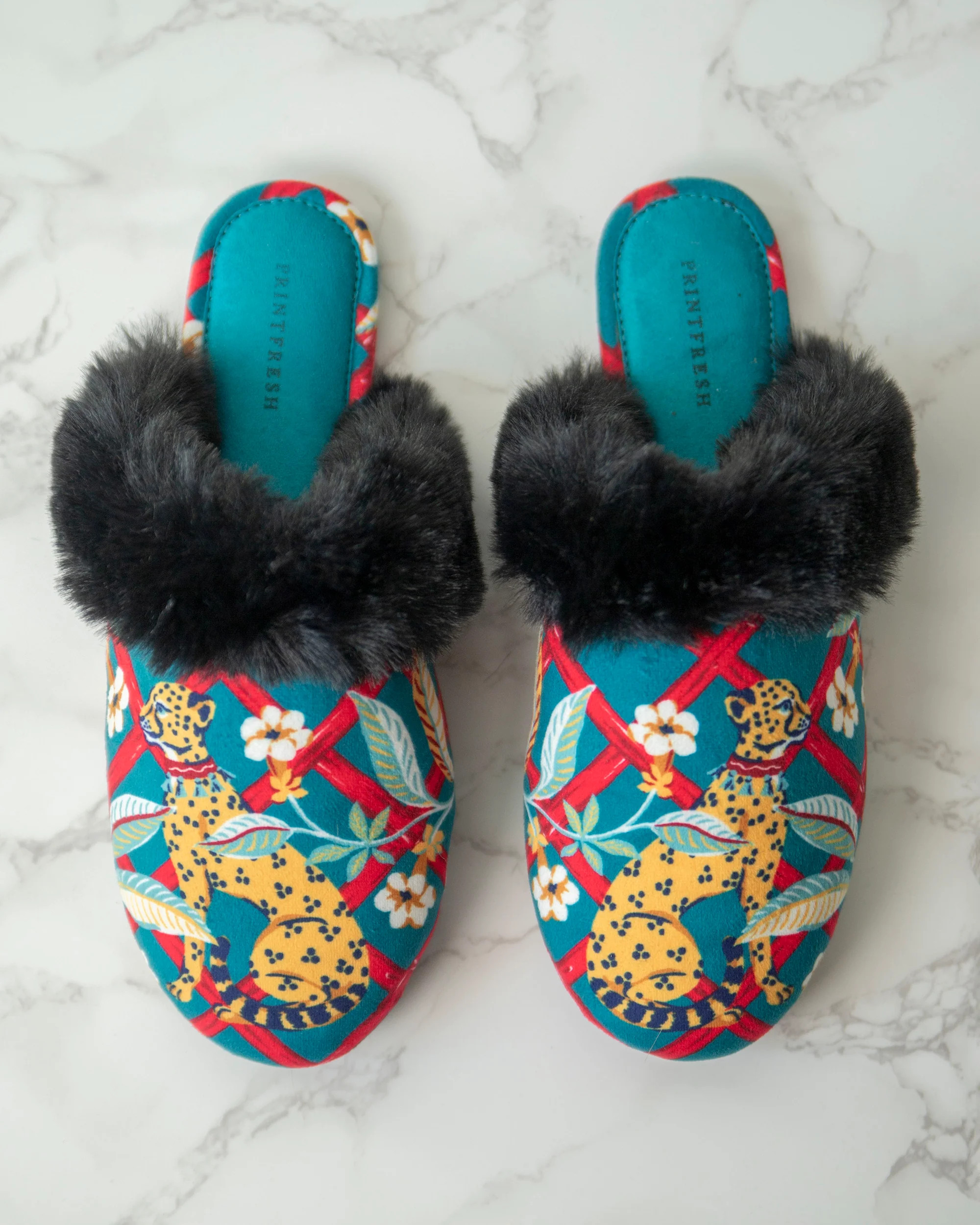 Royal Cheetah - Velvet Faux-Fur Slippers - Ruby Jade | Printfresh