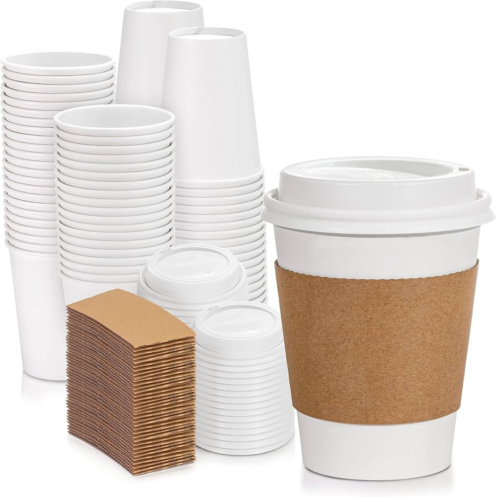 [100 Pack] White Coffee Cups with White Dome Lids and Brown Sleeves - 12oz Disposable Paper Coffe... | Amazon (US)