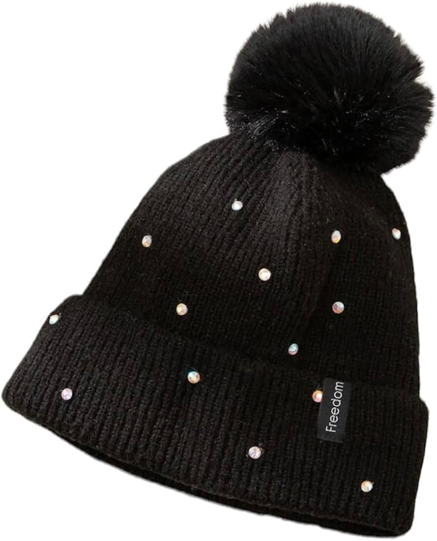 lavio Women Winter Knitted Beanie hat with Pearls Warm Pom Pom Skull Cap Cuff Beanie (Black-3) at... | Amazon (US)