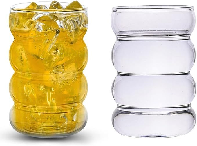 Peyan 2 Pcs Ribbed Glassware,10 Oz Ripple Drinking Glasses,Clear Wave Shape Beverage Glasses,Vint... | Amazon (US)