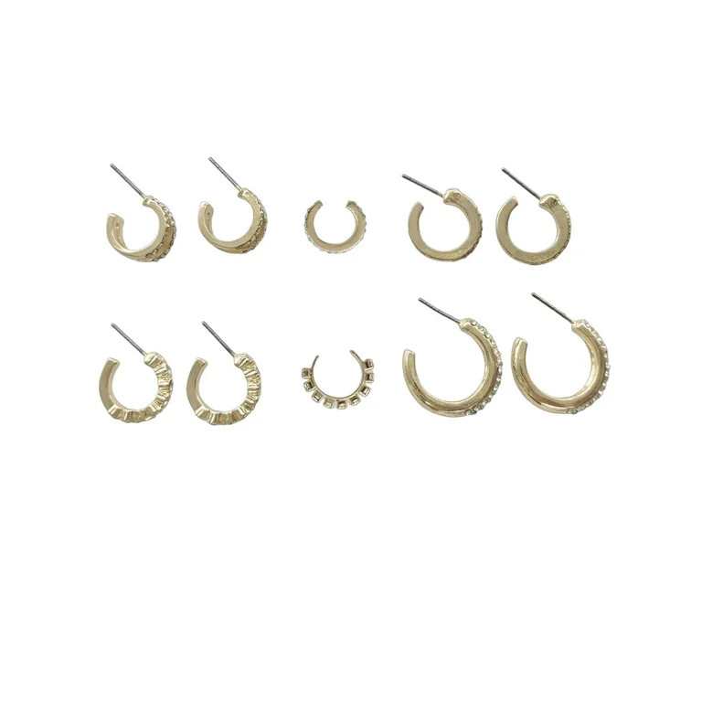 Time and Tru Women's Gold Tone Faux Crystal Hoop Earring Set, 6-Piece | Walmart (US)
