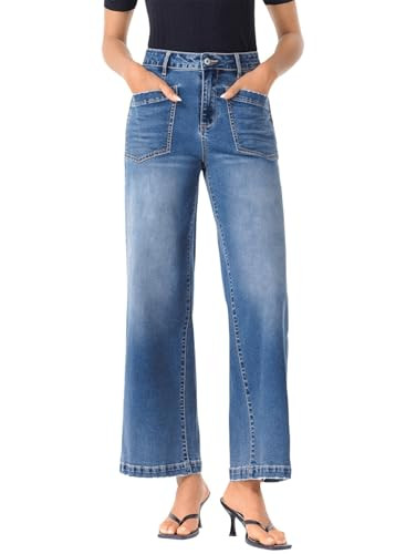Sidefeel Women's Wide Leg Jeans High Waisted Stretchy Jeans Straight Leg Loose Fit Zimbaplatinum ... | Amazon (US)