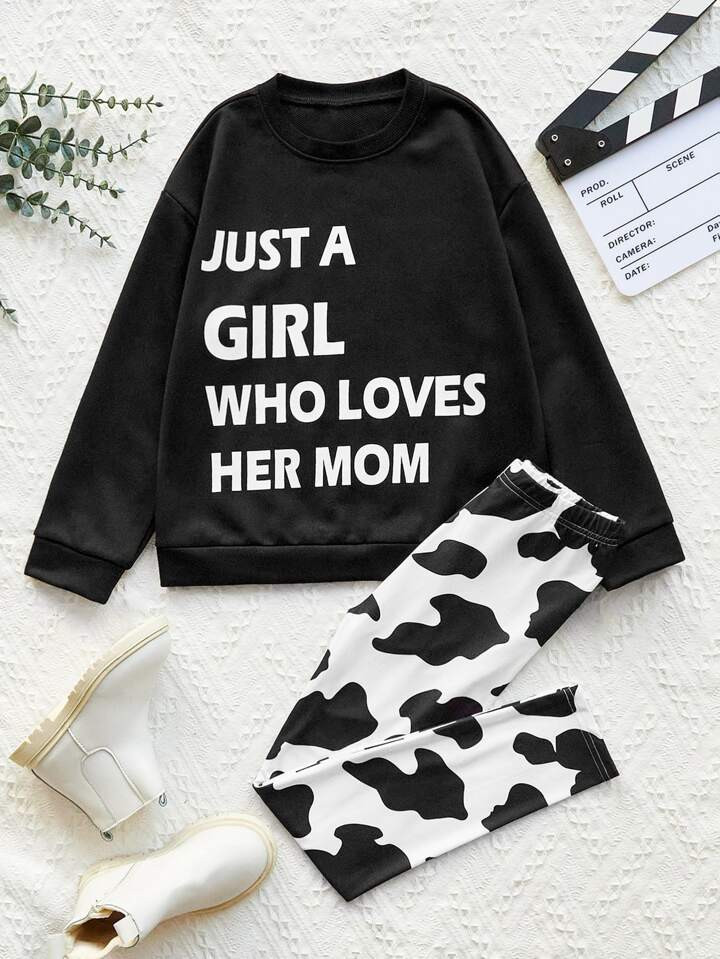 SHEIN Kids EVRYDAY Girls Slogan Graphic Pullover & Cow Print Leggings | SHEIN