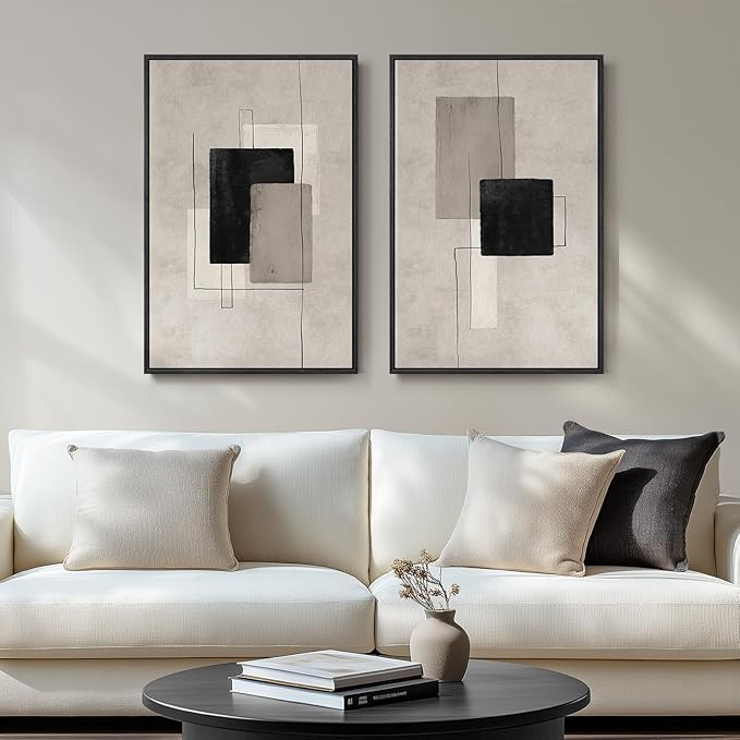 Large Framed Neutral Abstract Wall Art for Living Room, Set of 2 Black and Beige Modern Canvas Pr... | Amazon (US)