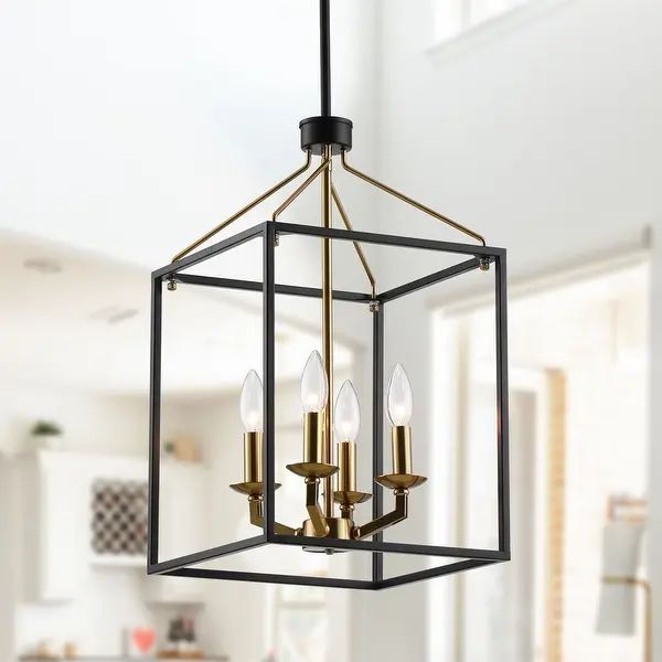 12" Wide Matte Black and Gold 4-Light Entry Pendant | Overstock