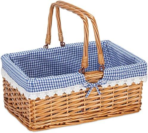 Wicker Picnic Basket with Double Folding Handles. Empty Gift Baskets with Blue Gingham Liner, Wine B | Amazon (US)
