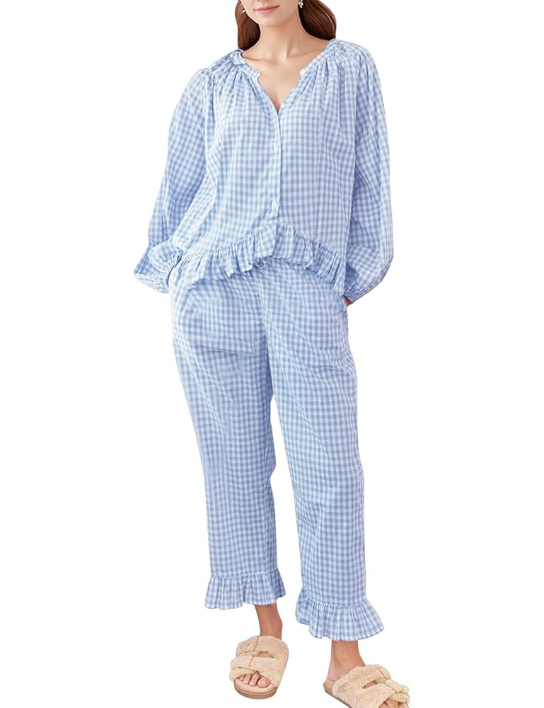COZYPOIN Womens Plaid 2 Piece Pajamas Sets Cotton Gingham Puff Long Sleeve Babydoll Shirt Ruffle ... | Amazon (US)
