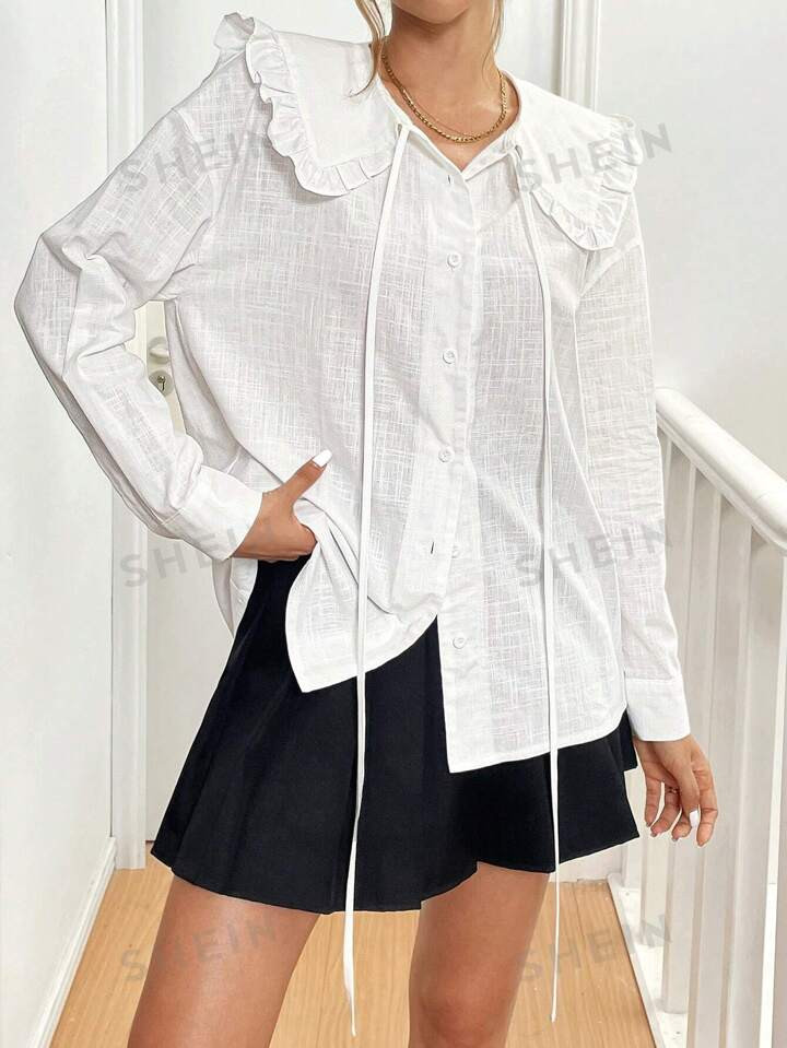 SHEIN Essnce Oversized Turndown Collar Ruffle Trim Long Sleeve Loose Casual Linen Women Blouse | ... | SHEIN