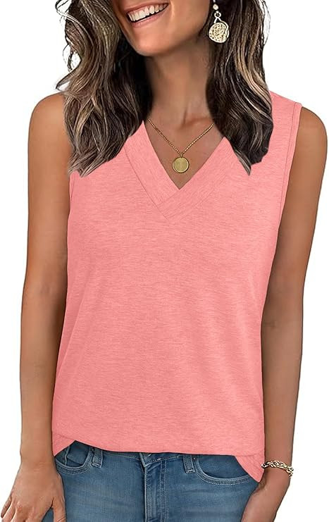 Tank Tops for Women Summer V Neck T Shirts Sleeveless Casual Basic Tee Loose Fit Cute Trendy Beac... | Amazon (US)