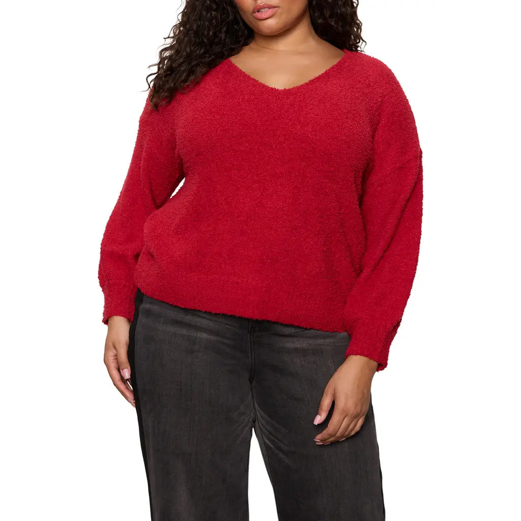 Sanctuary Teddy Fleece V-Neck Sweater in Cherry Lacquer Red at Nordstrom, Size 2X | Nordstrom