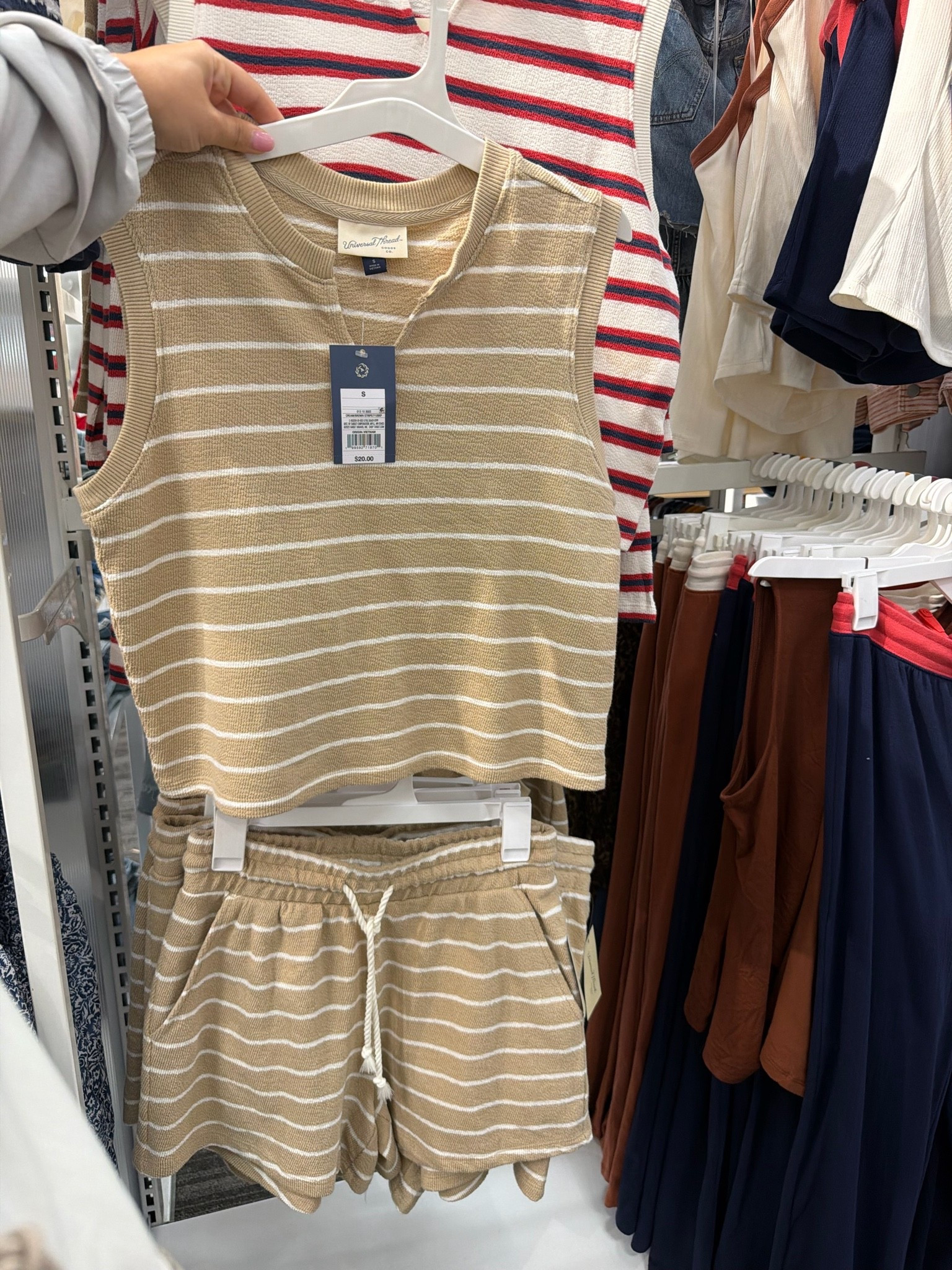 100% cotton tan terry feel striped 2 piece set.