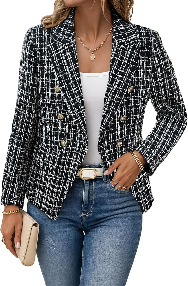 Mina Self 2025 Fall Women's Tweed Plaid Blazer Jacket - Fashion Slim Fully-Lined Double-Breasted ... | Amazon (US)