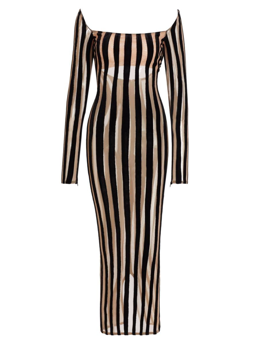Shop LaQuan Smith Striped Sheer Body-Con Gown | Saks Fifth Avenue | Saks Fifth Avenue