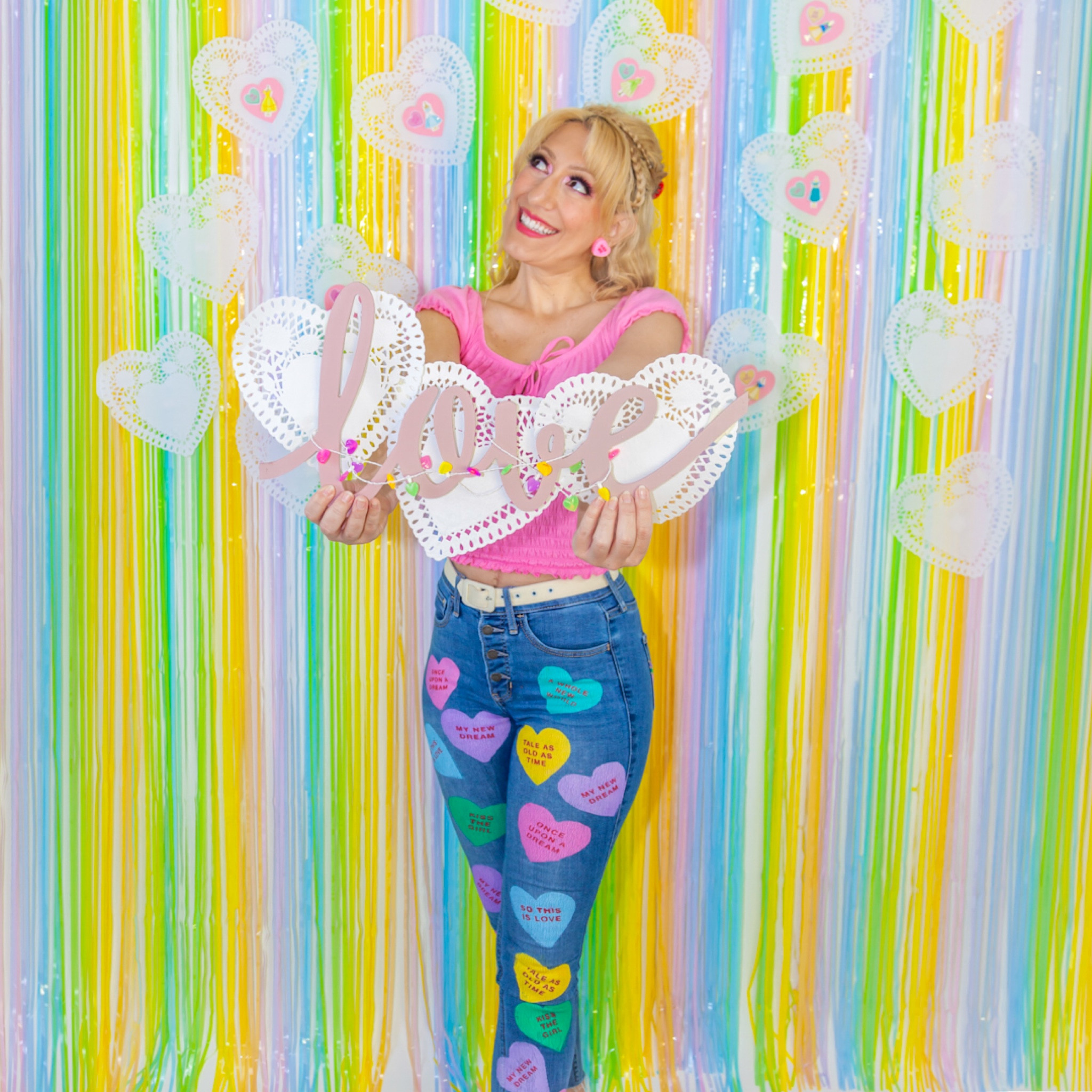 Show your love of Disney style and Conversation Hearts in these DIY painted jeans. Using heart shaped sponges, vinyl stencils, and fabric paint these are easy to create and machine washable. Just add your favorite Disney Princess love songs.

#LTKSeasonal