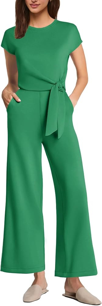 SENSERISE Womens Jumpsuit Tie Waist Casual Capri Jumpsuit     Cap Sleeves, Wide Leg, Cropped Pant... | Amazon (US)