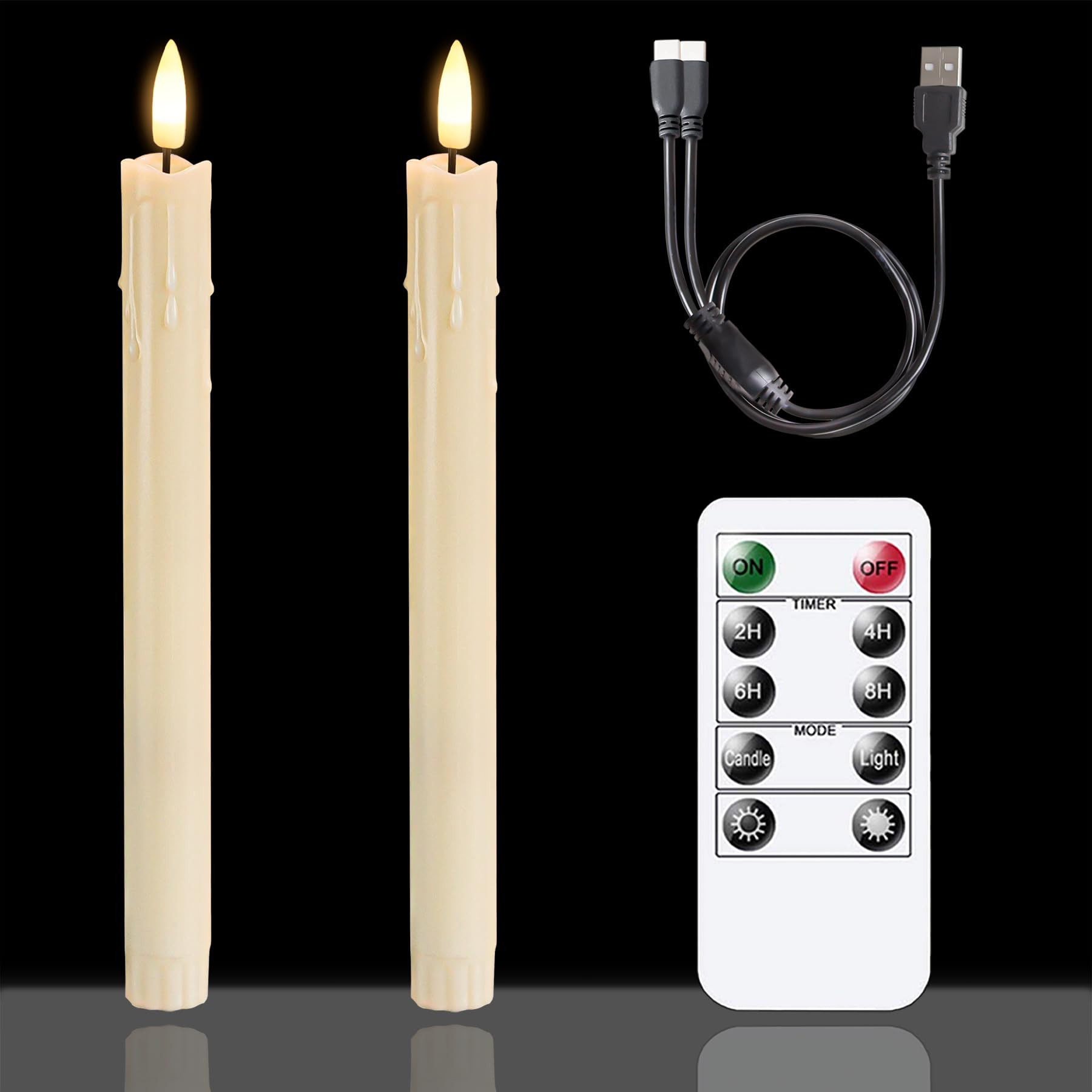Rechargeable Flameless Battery Operated Timer Remote Taper Candles, 2pcs 0.86" x10" LED Flickerin... | Amazon (US)