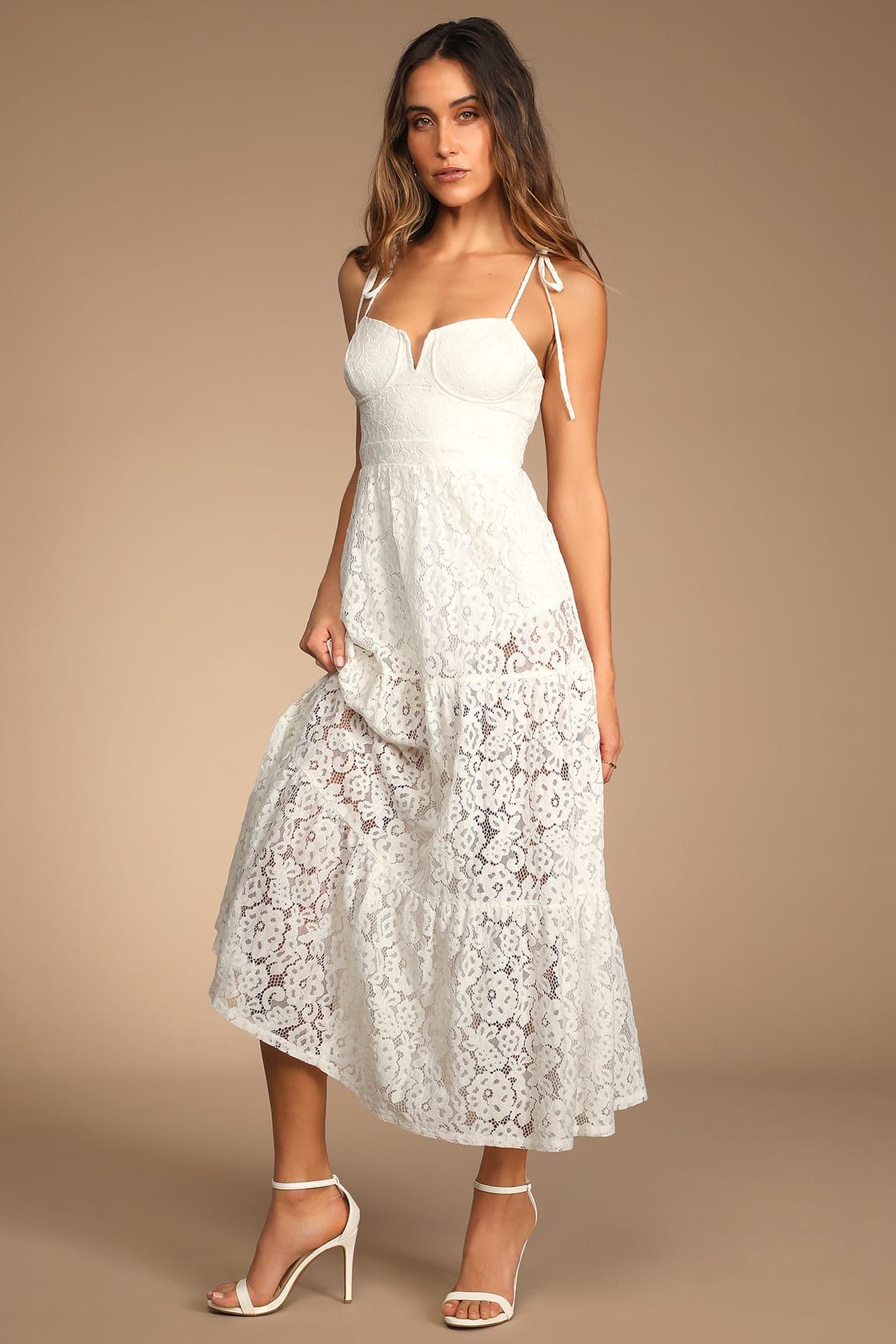 Extra Alluring White Lace Tiered Tie-Strap Midi Bodysuit Dress | Lulus (US)