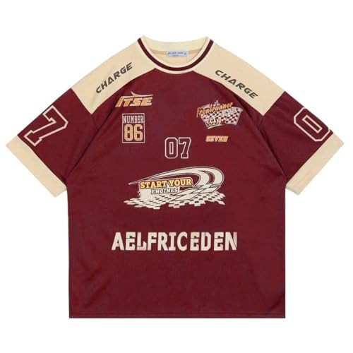 Aelfric Eden Mens Vintage Jersey Oversize Shirts Summer Unisex Printed Casual Racing Tee Streetwear Top Tshirt Red | Amazon (US)
