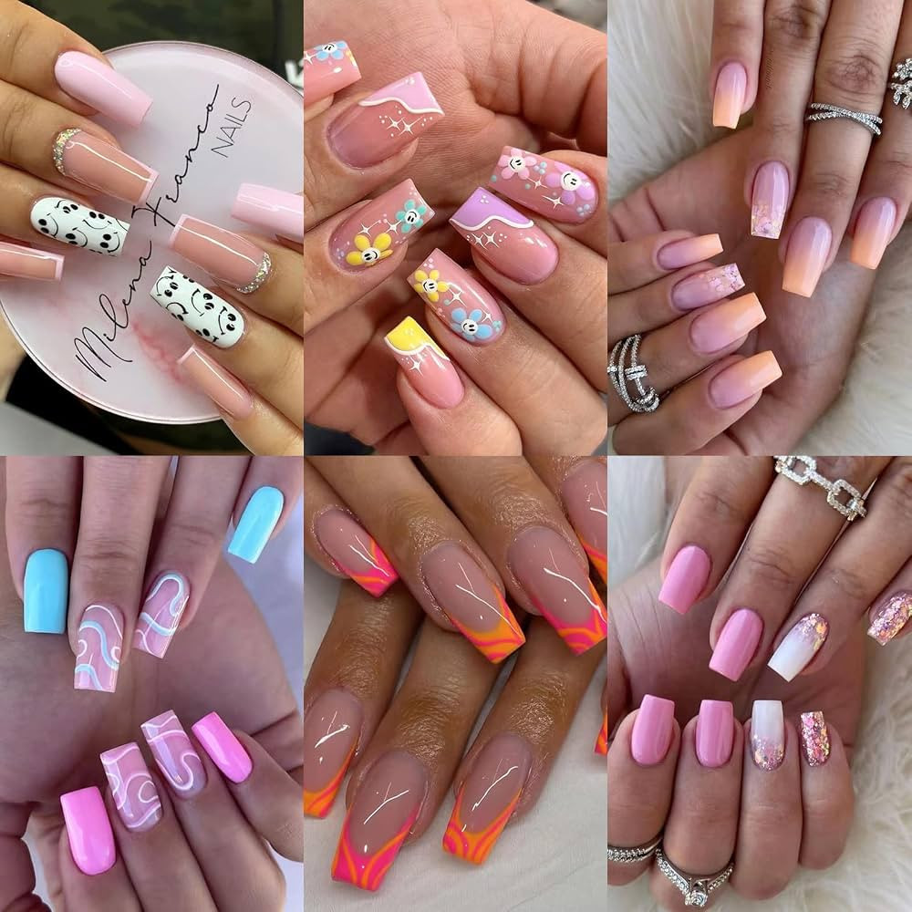 6 Packs (144 Pcs) Press on Nails Medium, Misssix Short Fake Nails Square Glue on Nails Set with A... | Amazon (US)