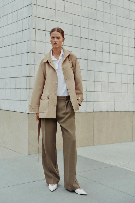 Zara - High-Neck Belted Trench Coat - Taupe Brown - M - Woman | Zara US