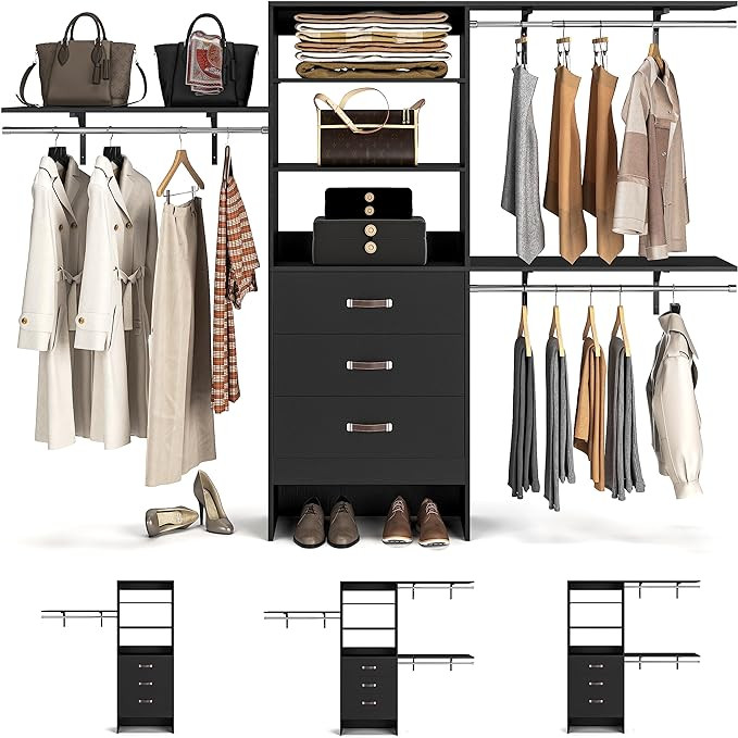 96" Wood Closet System with 3 Enclosed Drawers & 3 Solid Shelves, 8FT Adjustable Closet Organizer... | Amazon (US)