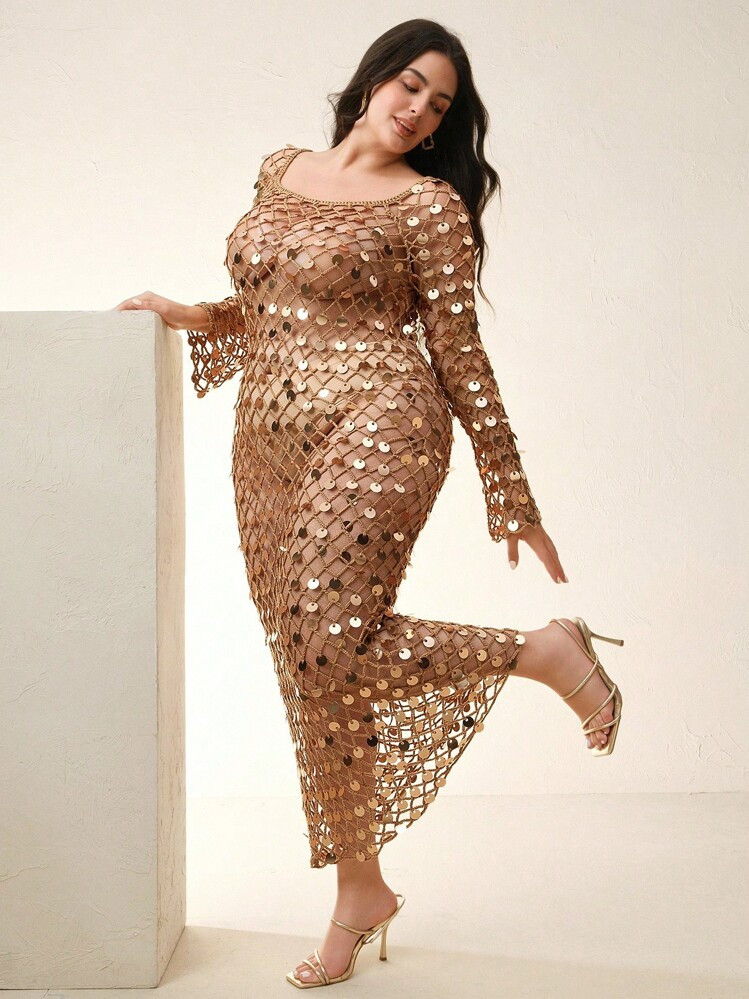 Anewsta Plus Size Fashionable Sexy Sequin Handmade Crochet Beach Cover Up Dress For Summer Beach Vacation | SHEIN