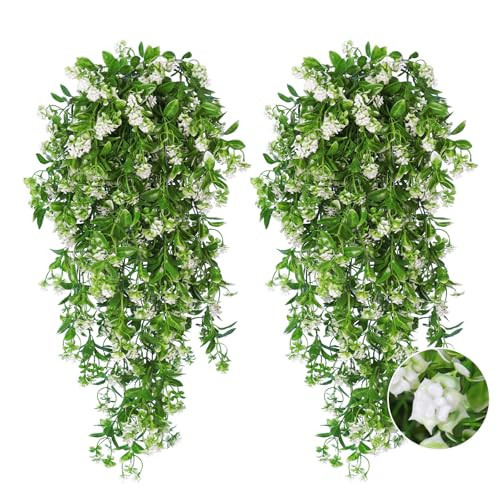 RECUTMS 2Pcs Artificial Hanging Flowers for Outdoor Decoration Fake Hanging Plants Faux White Flowers Artificial UV Resistant Plastic Greenery Vines Ivy for Outdoor Indoor Garden Party Decor（White） | Amazon (US)