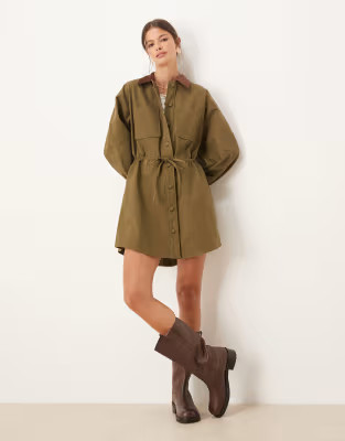 ASOS DESIGN heavy twill barn jacket mini dress with cinched waist in olive | ASOS | ASOS (Global)