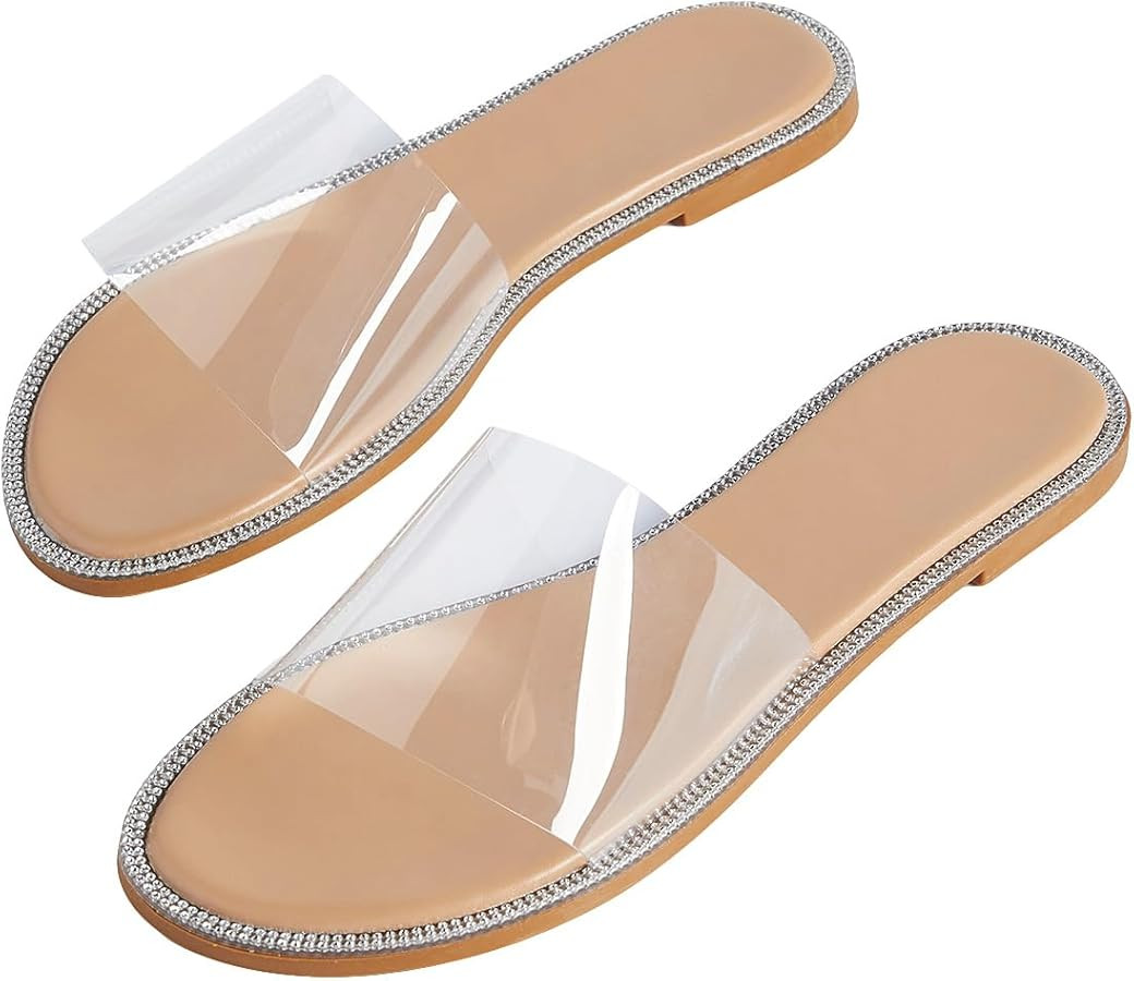 GORGLITTER Rhinestone Clear Flat Sandals Open Toe Slide Sandals | Amazon (US)