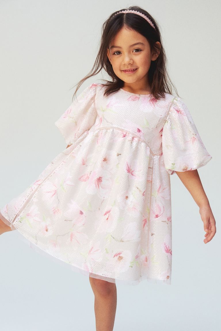 Sequined Tulle dress with Puff Sleeves - Powder pink/floral - Kids | H&M US | H&M (US + CA)