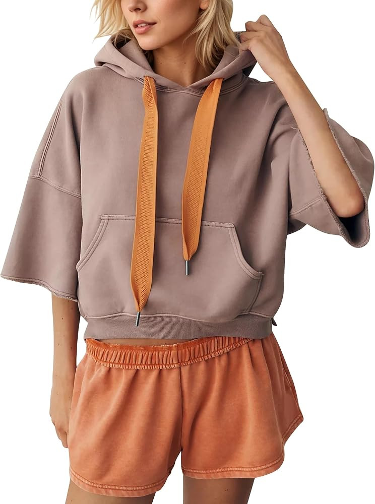 Eutten Women Cropped 3/4 Sleeve Hoodie Shorts Set 2 Piece Workout Outfit | Amazon (US)