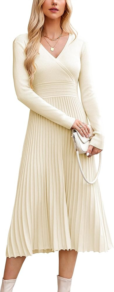 OUGES Womens 2024 Fall Maternity Dress Long Sleeve Wrap V Neck Pleated Midi Dress Casual Sweater ... | Amazon (US)