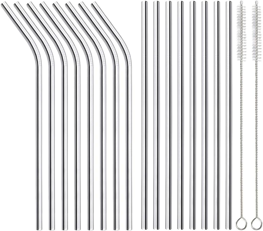 16 Pack of Reusable Stainless Steel Metal Straws, 8 Straight + 8 Bent 8.5 inch Metal Straws with ... | Amazon (US)