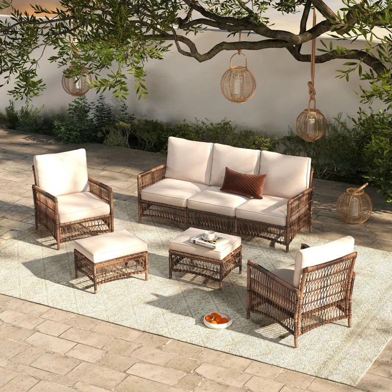 Tuskegee Wicker 5 - Person Patio Conversation Set with Cushions | Wayfair North America