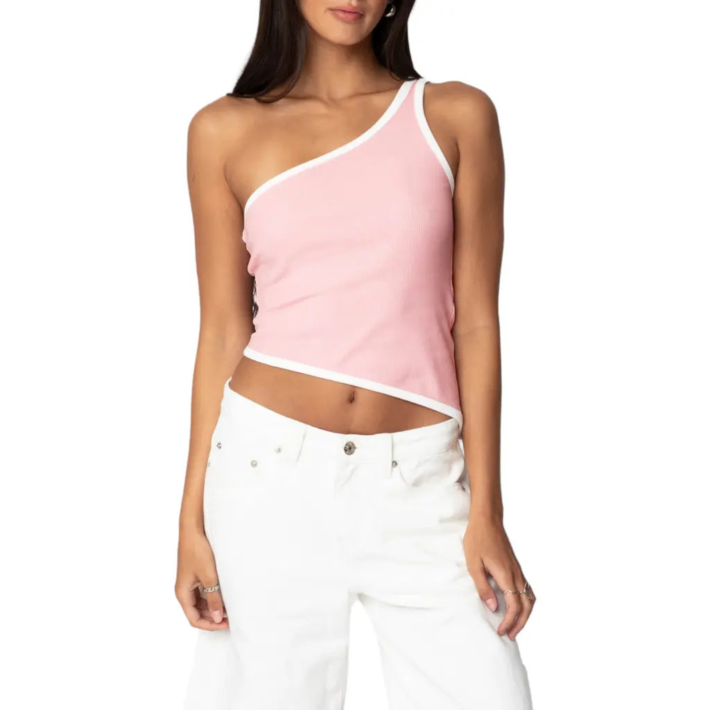 EDIKTED Asymmetric One-Shoulder Rib Top in Pink at Nordstrom, Size Small | Nordstrom