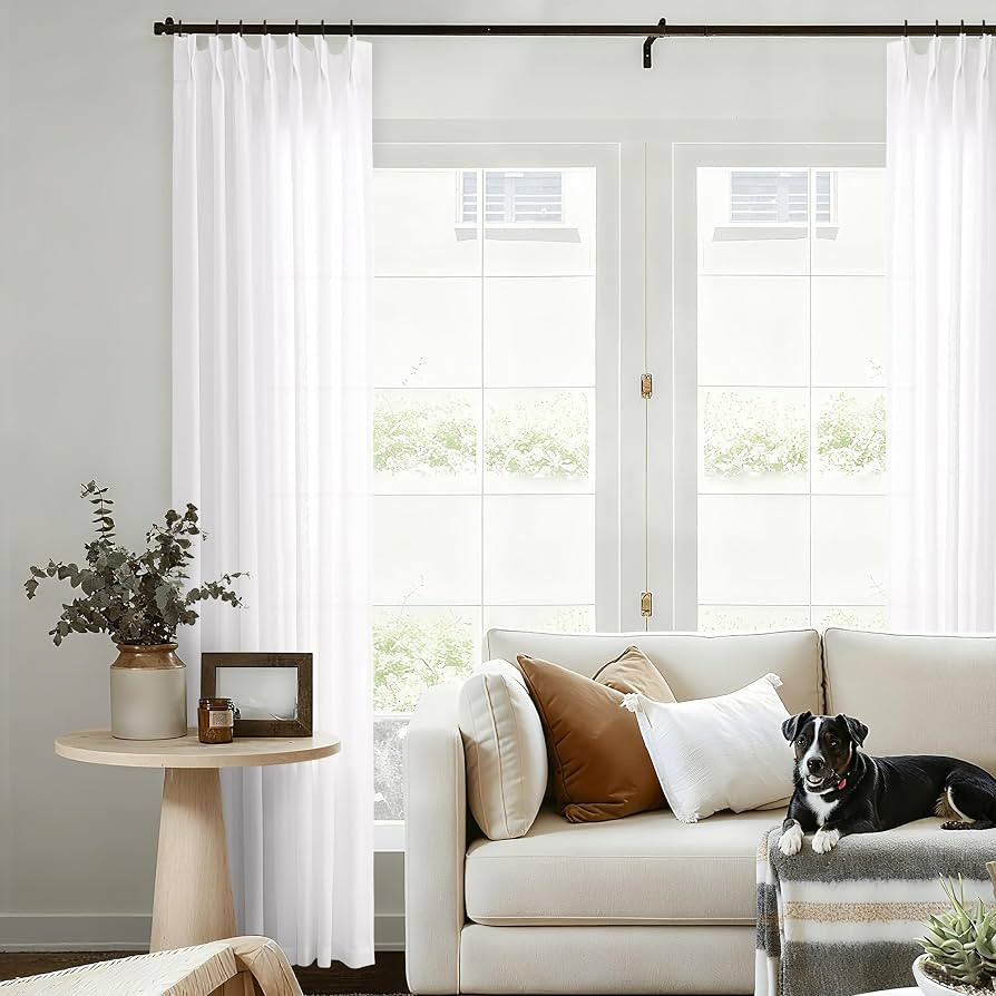 White Linen Pinch Pleated Curtains 105 Inches Long Semi Sheer Custom | Amazon (US)