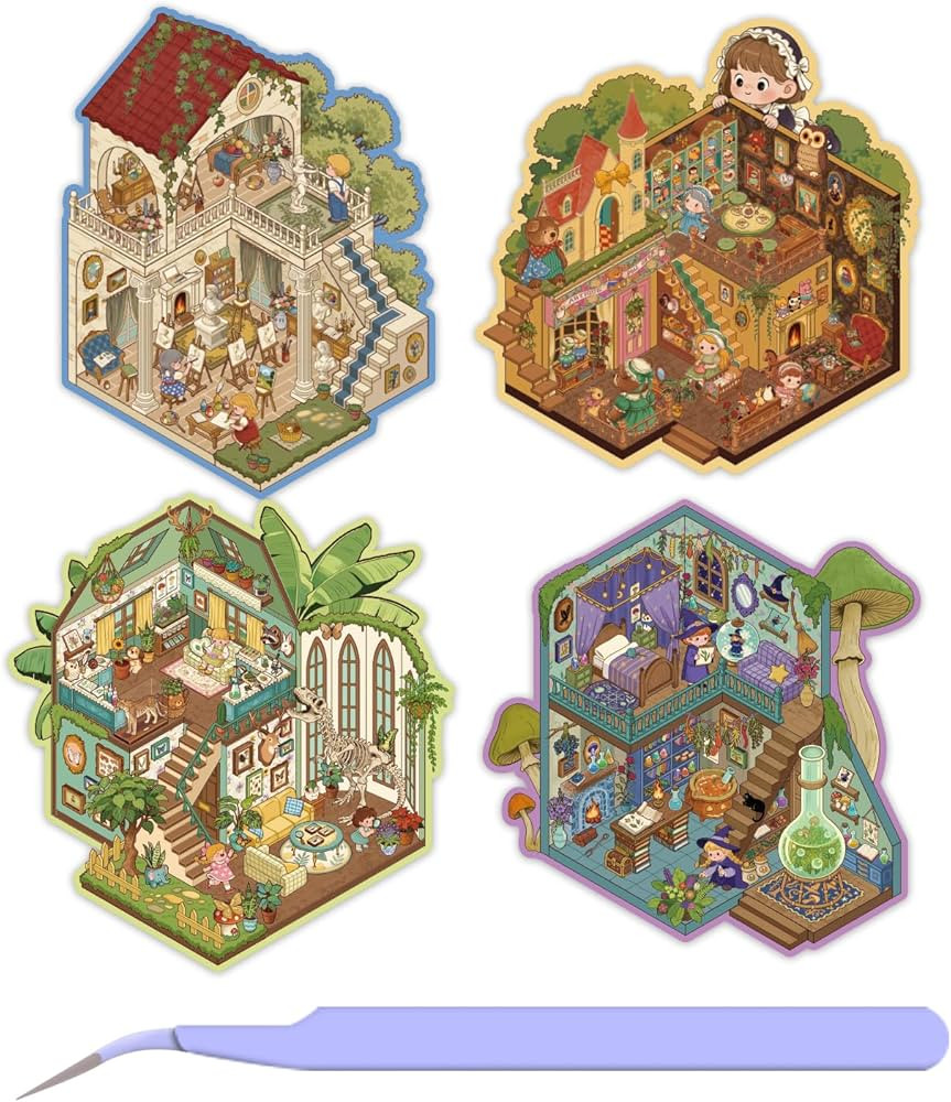 Girls 3D Sticker Scene, 4 Sets Fantasy Dream Scene Stickers for Witch's Room, Dollhouse, Painting... | Amazon (US)