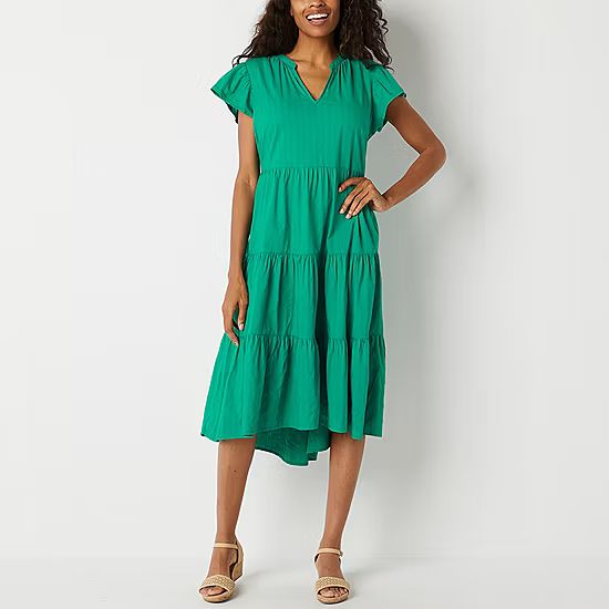 new!St. John's Bay Short Sleeve Midi Fit + Flare Dress | JCPenney