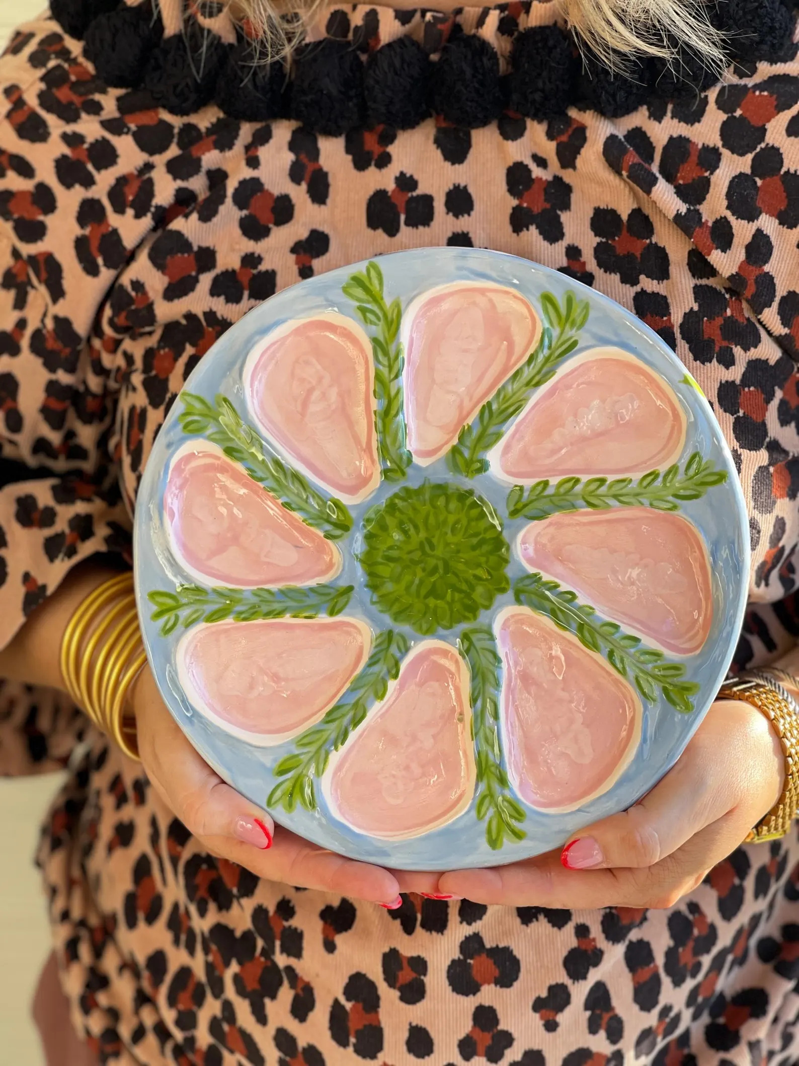 Hand Built Oyster Plate 9" in Blue and Pink With Green Seaweed - Etsy | Etsy (US)