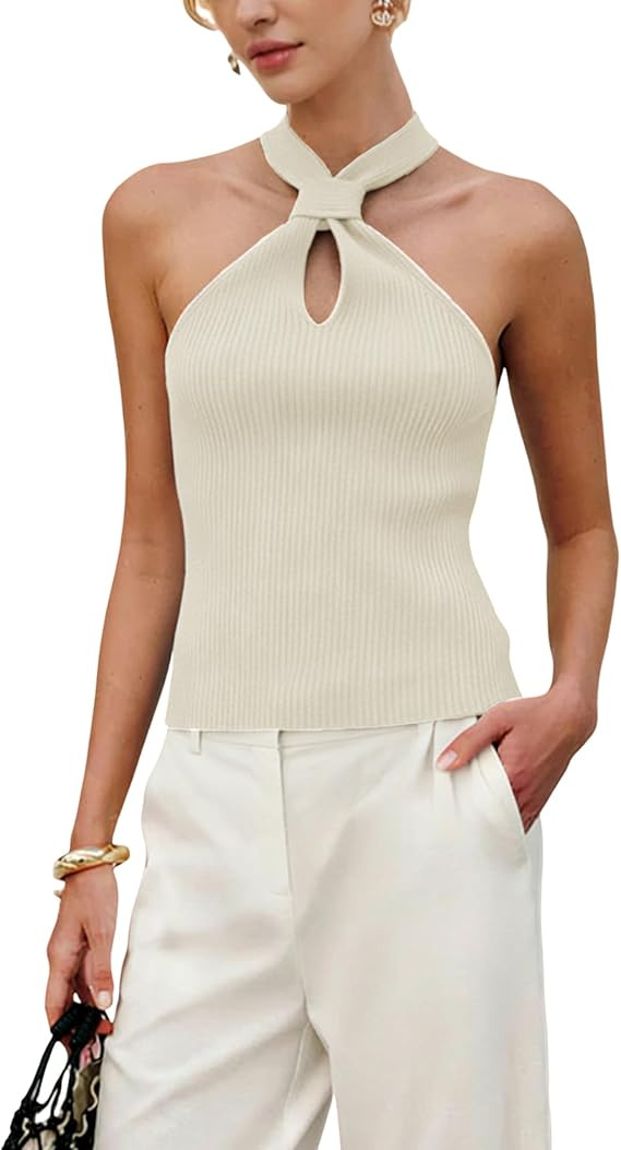 Yeokou Wome Halter Cross Strap Tank Summer Knit Sleeveless Pullover Top Casual Lightweight Sweate... | Amazon (US)