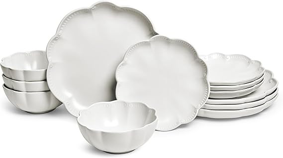 Sango Bethany 12-Piece Stoneware Dinnerware Set – Service for 4, Elegant White with Scallop Des... | Amazon (US)