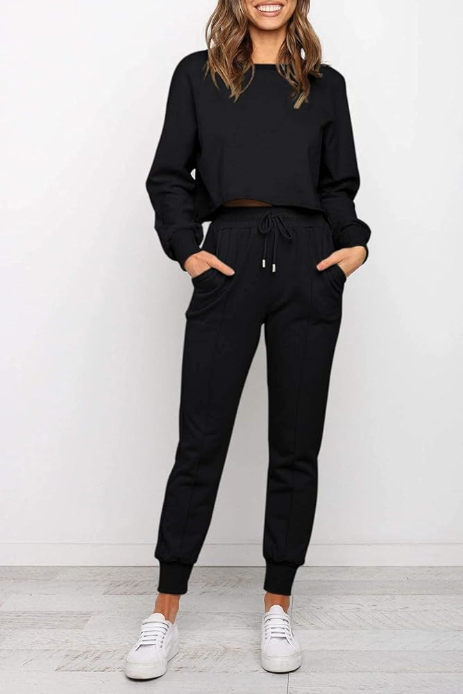 ZESICA Women's Long Sleeve Crop Top and Pants Pajama Sets 2 Piece Jogger Long Sleepwear Loungewear P | Amazon (US)