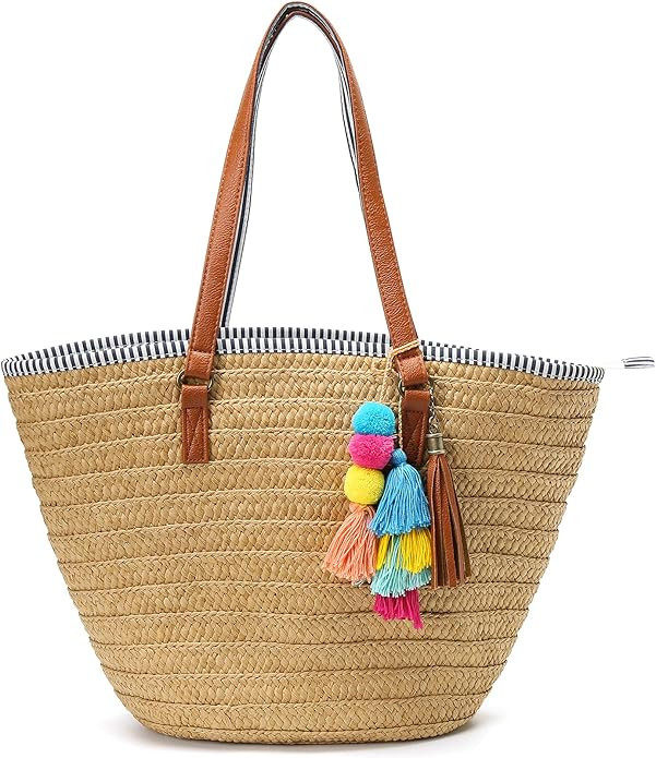 Epsion Straw Beach Bags Tote Tassels Bag Hobo Summer Handwoven Shoulder Bags Purse With Pom Poms | Amazon (US)